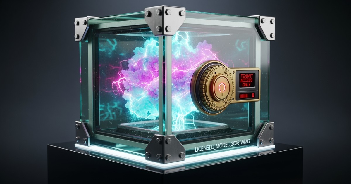 A hyper-realistic conceptual image showing a swirling, vibrant neon storm of musical energy trapped inside a thick, high-secu