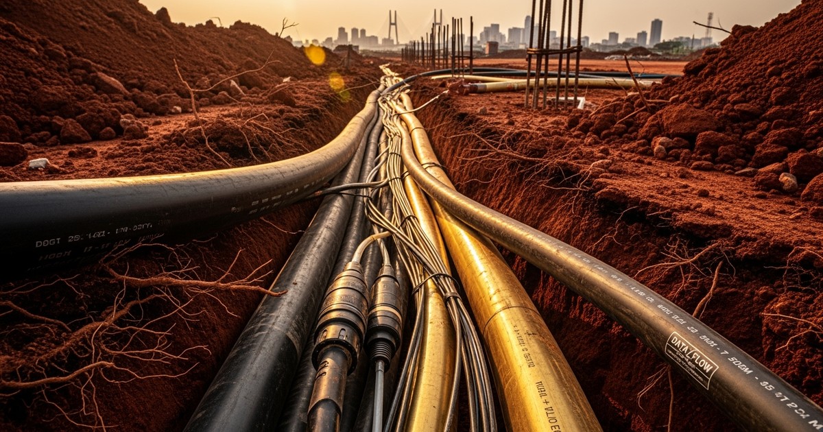 Cinematic low-angle photography of heavy industrial audio cables and gold conduits being buried in red clay earth, with a haz