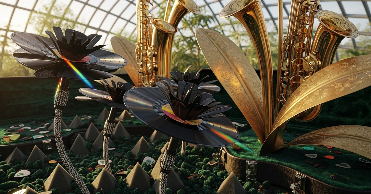 Surreal photorealistic image of a 'walled garden' inside a glass dome where plants are made of musical instruments, vinyl rec