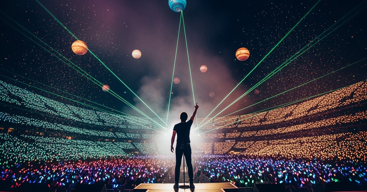 Cinematic concert photo from behind a silhouette of a singer facing a massive stadium crowd lit by millions of colorful LED w