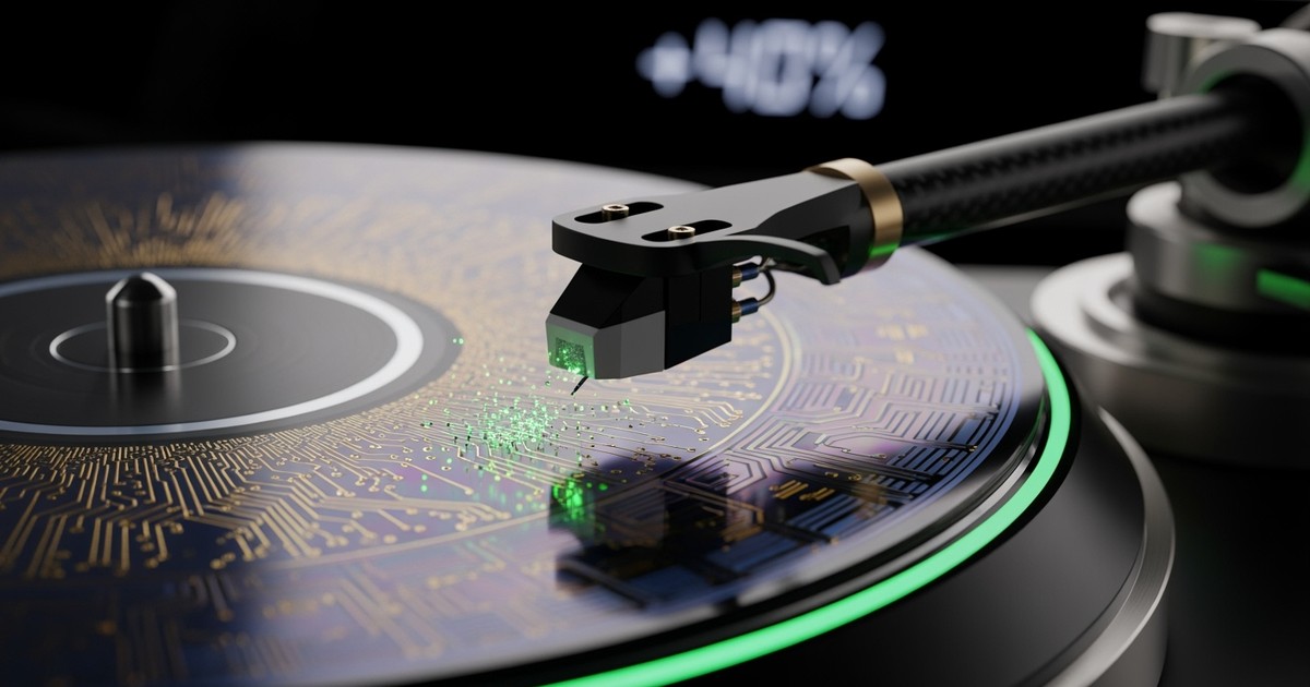 Macro close-up of a turntable playing a record made of iridescent computer chip silicon instead of vinyl, symbolizing the mer