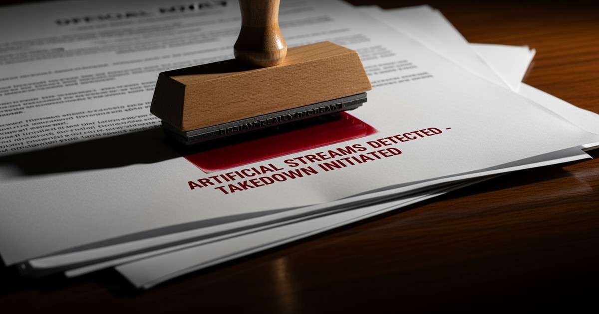 A close-up photo of a wooden stamp pressing a red 'ARTIFICIAL STREAMS DETECTED' warning onto a stack of official papers.