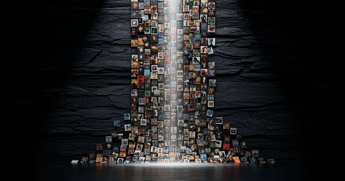 A conceptual waterfall made of cascading album art singles, pooling into a larger album cover at the bottom.