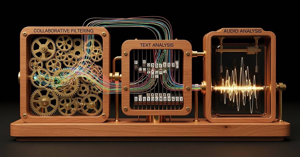 An intricate, whimsical machine made of wood and brass processing streams of light, symbolizing the Spotify algorithm.