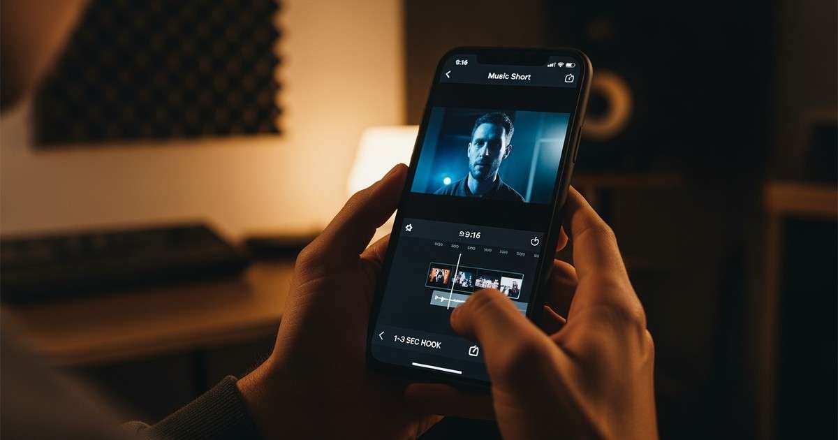 A musician in a dimly lit home studio, focused on editing a music video on their smartphone in the 9:16 format.