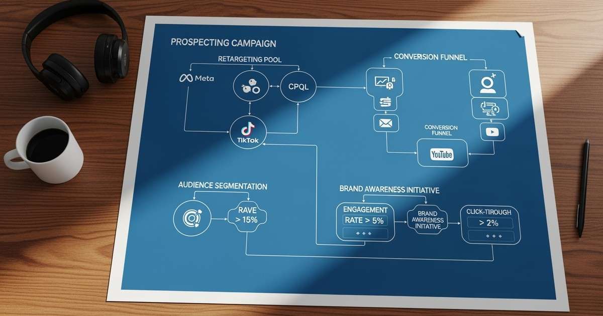 A technical blueprint for a music advertising campaign spread on a desk, showing social media icons and data metrics.