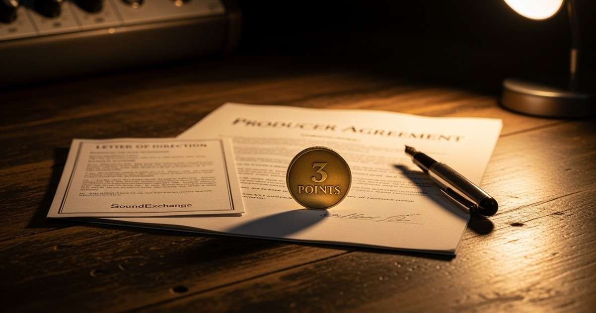 A still life of a music producer's deal on a desk: a signed contract, a brass coin labeled '3 POINTS', and a check.