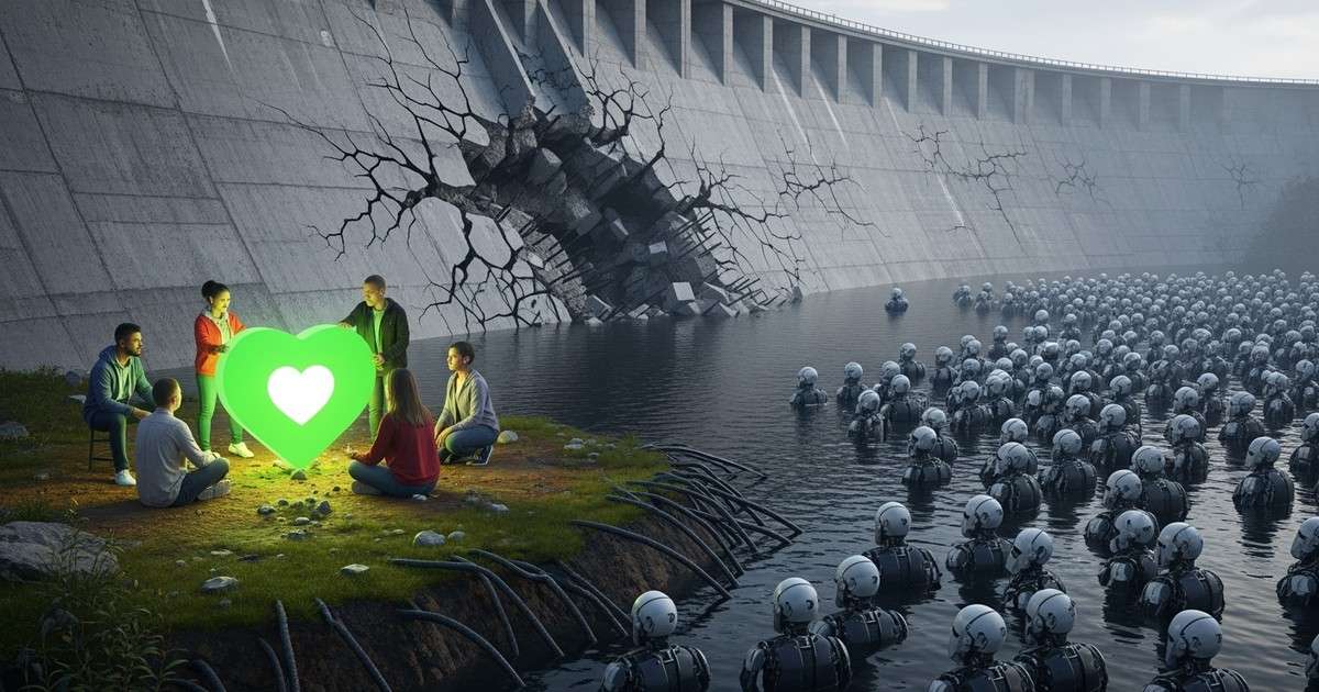 A glowing green heart icon is nurtured by real people, separated by a cracking dam from an army of robotic figures.