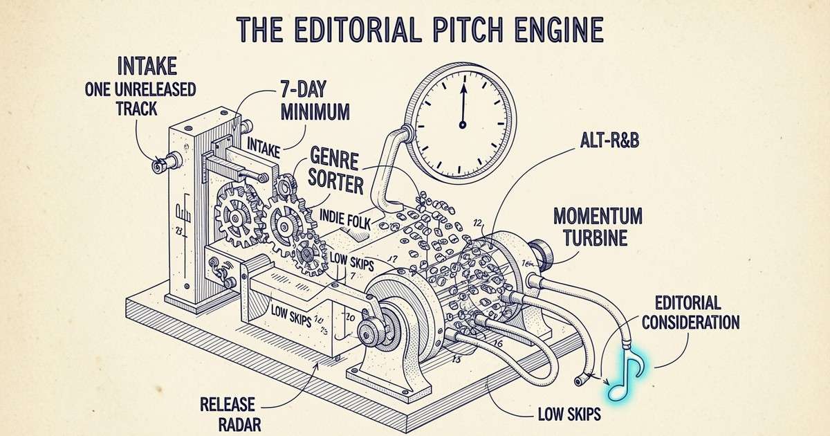 A detailed technical blueprint of a whimsical machine processing a musical note for Spotify playlists.