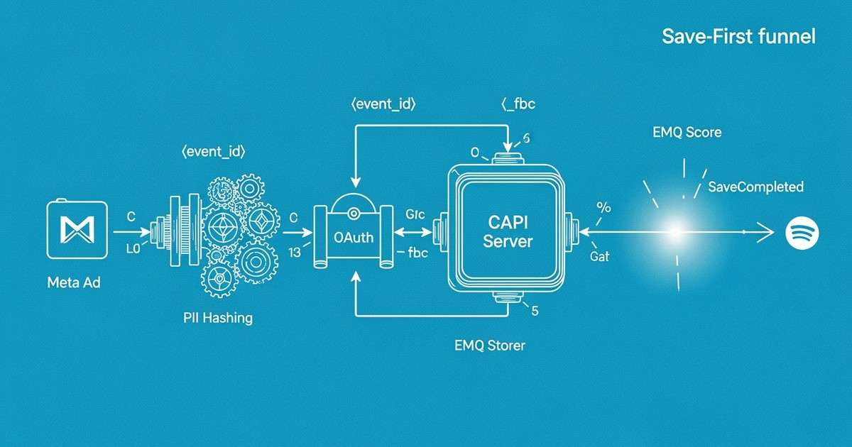 A technical blueprint schematic showing the data flow from a Meta Ad to a confirmed Spotify Save via the Conversions API.