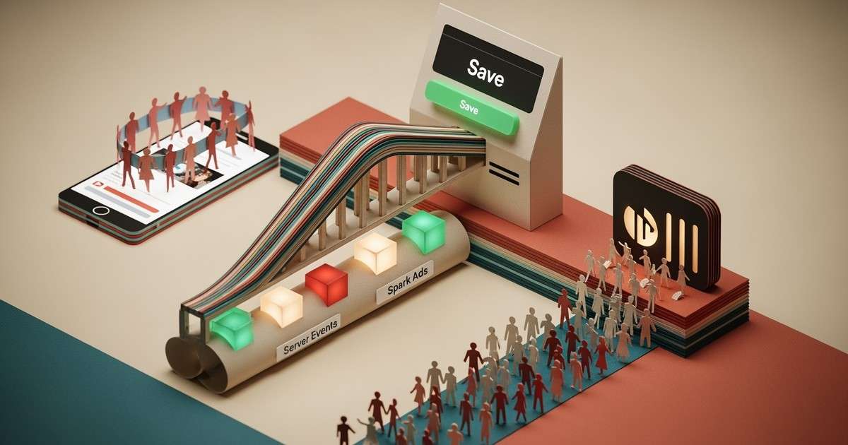 A paper craft diorama showing a marketing funnel from a smartphone with a TikTok logo to a Spotify 'Save' button.