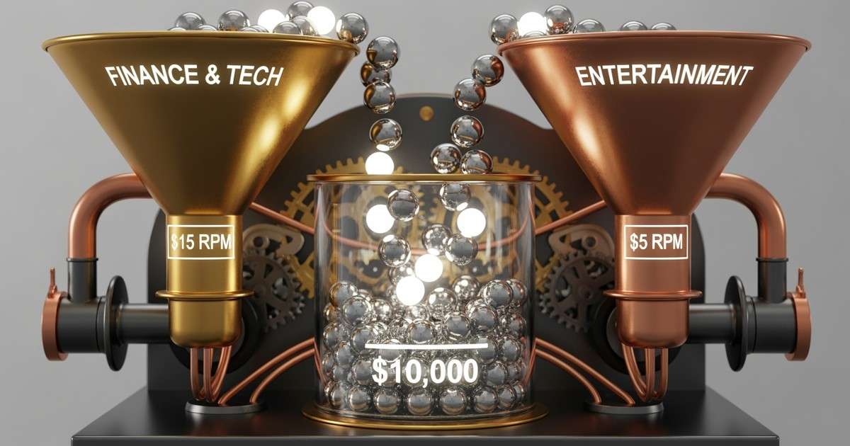 A 3D rendered machine visualizing YouTube income. Different funnels labeled with RPMs feed a central container marked $10,000