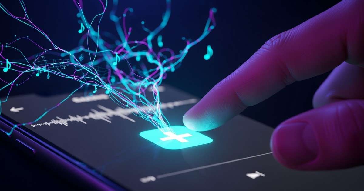 A close-up of a thumb pressing a glowing plus icon on a phone, causing a vibrant network of light to spread outwards.