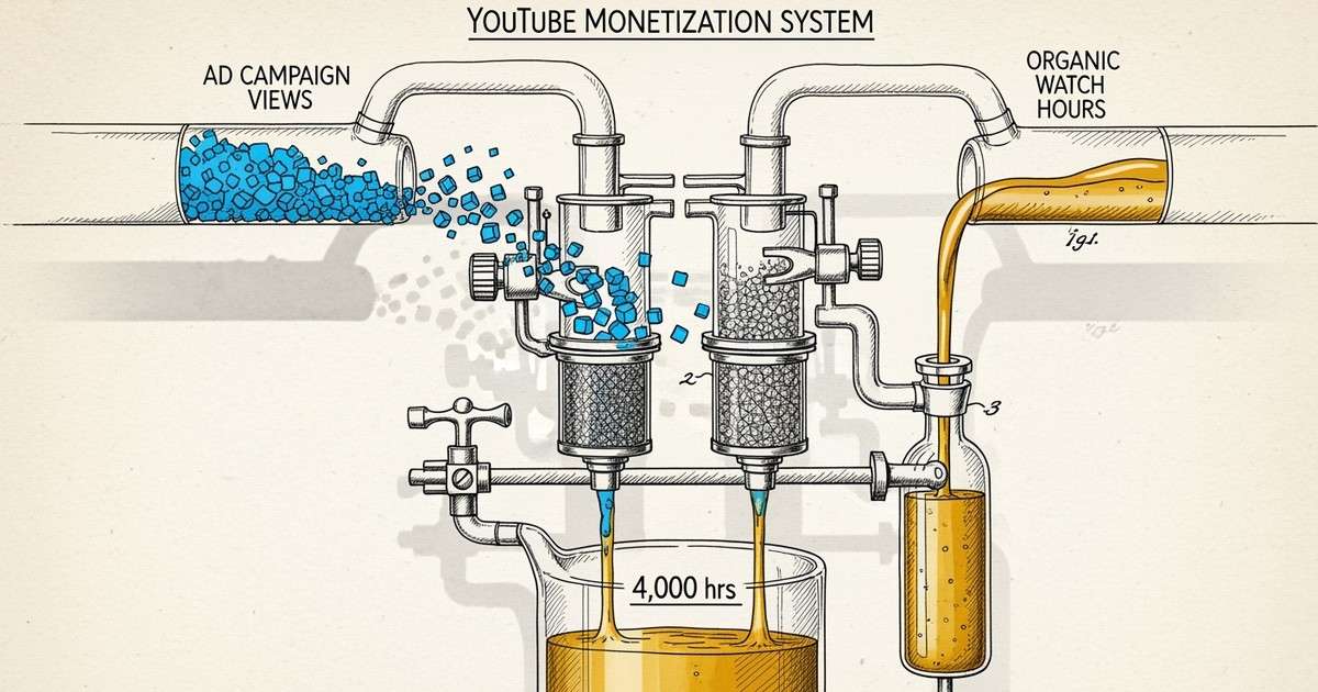 A scientific diagram showing ad views being filtered out while organic watch hours fill a vessel marked '4,000 hrs'.