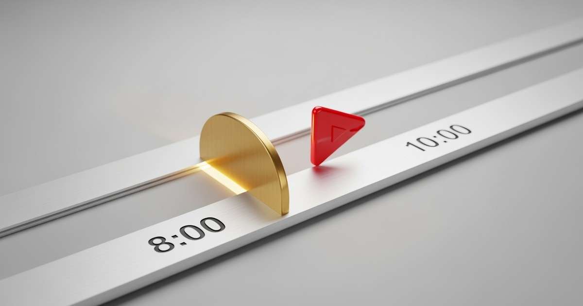 A 3D render of a YouTube timeline. At the 8-minute mark, a tiny golden gate opens, symbolizing mid-roll ad revenue.