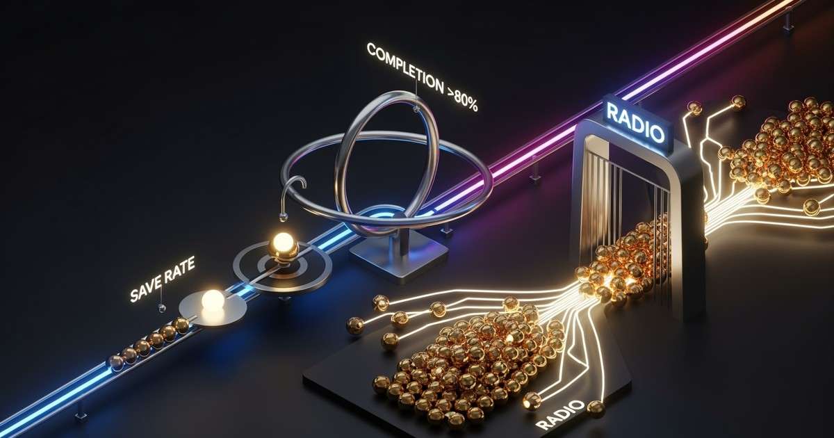 A 3D rendering of a complex machine, showing a golden ball unlocking a flood of other balls into channels labeled 'RADIO'.