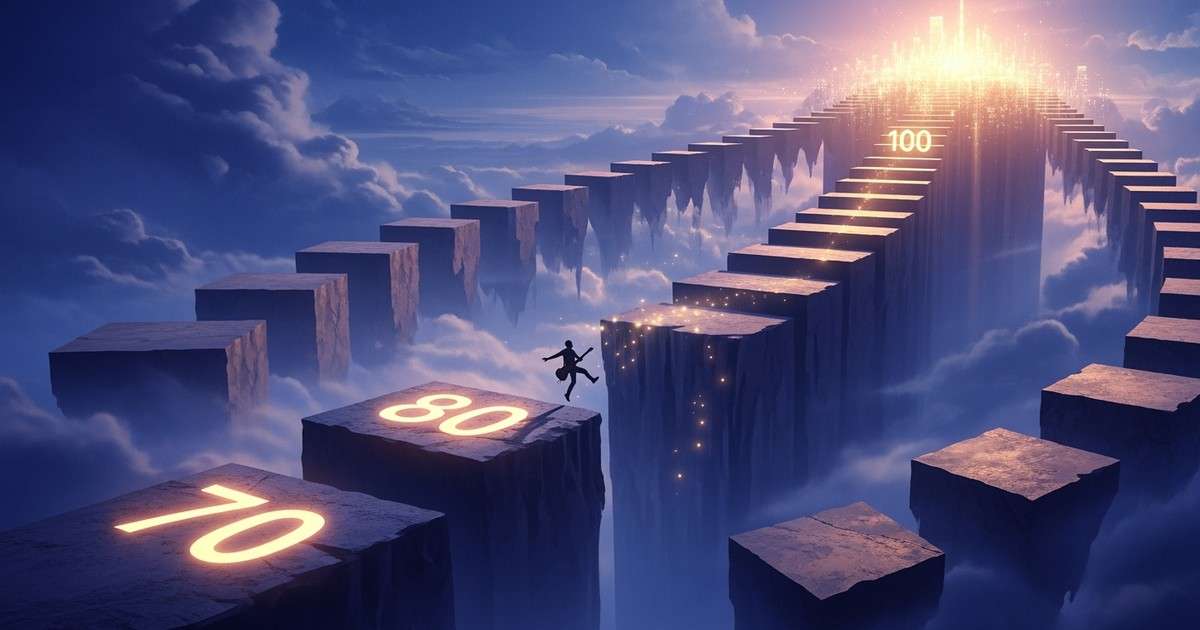 A surrealist illustration of floating platforms in a twilight sky, representing the Spotify Popularity Index. A musician leap