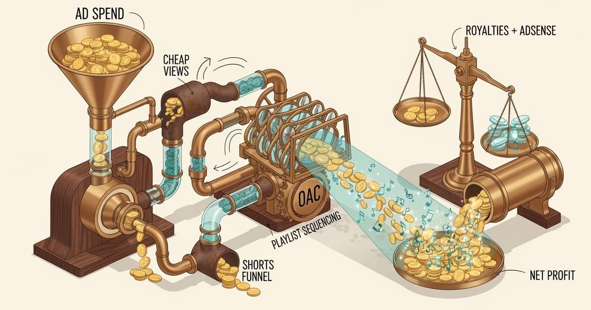 An isometric illustration of an intricate copper and wood machine that turns ad spend coins into profitable royalty streams.