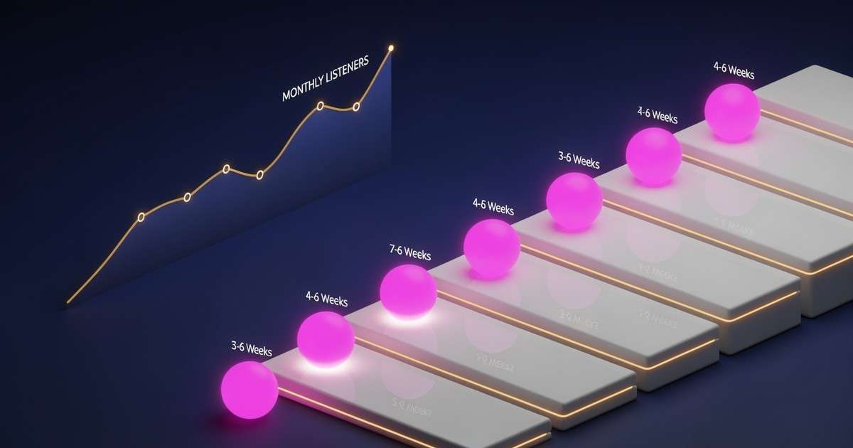 A 3D infographic showing glowing orbs cascading down platforms, representing a music release strategy that grows a line graph