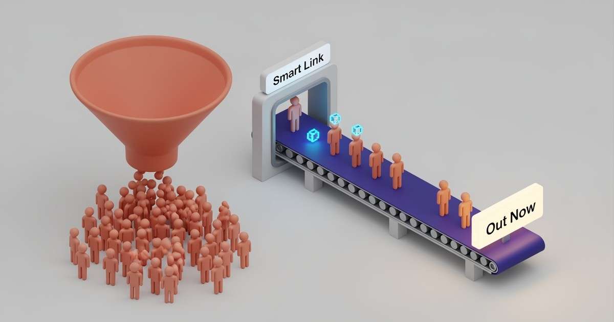 Isometric illustration of a marketing funnel, showing a large crowd being filtered into a smaller, targeted group.
