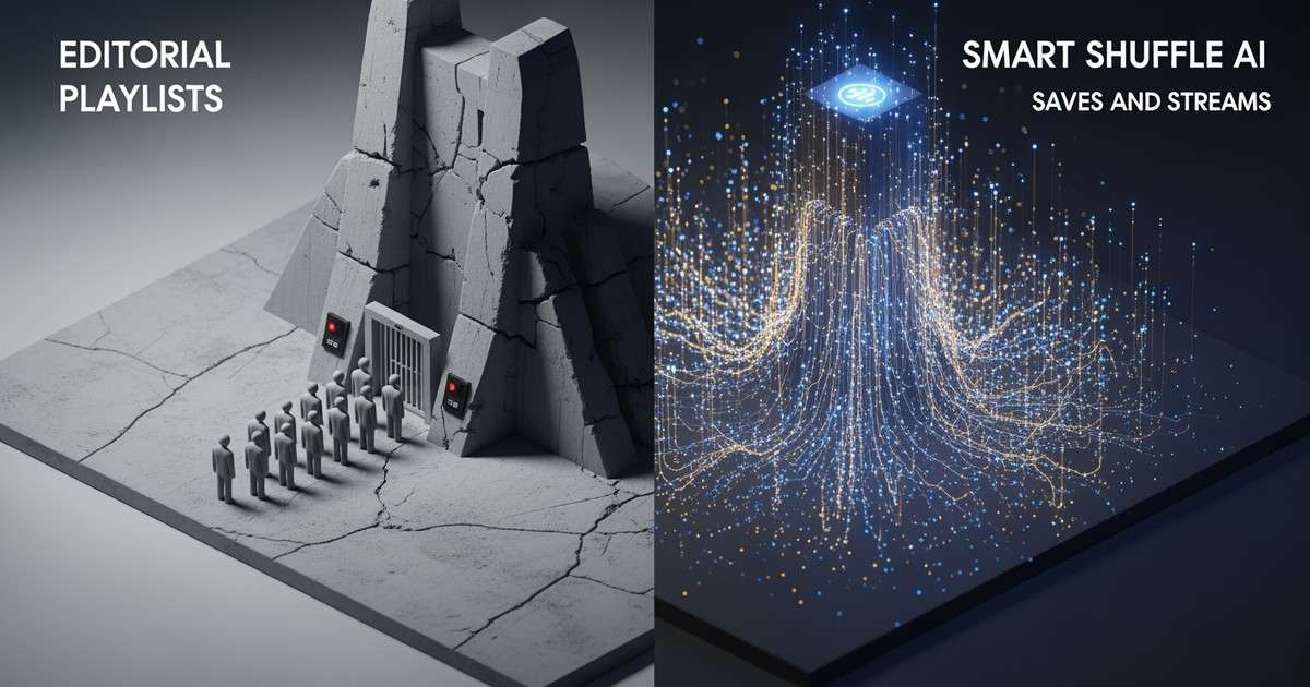 An isometric diorama contrasting a rigid gray fortress for old playlists with a vibrant data network for AI-driven Smart Shuf
