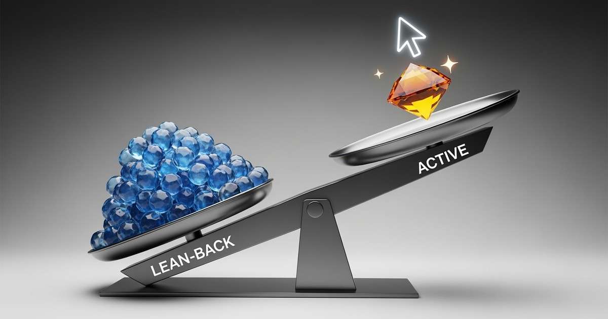 A 3D balance scale heavily tilted by many small pebbles (Lean-Back streams) versus a single glowing crystal (Active stream).