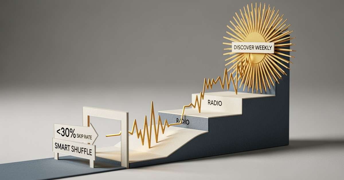 A paper craft diorama showing a musical soundwave climbing a ladder through stages labeled Smart Shuffle, Radio, and Discover