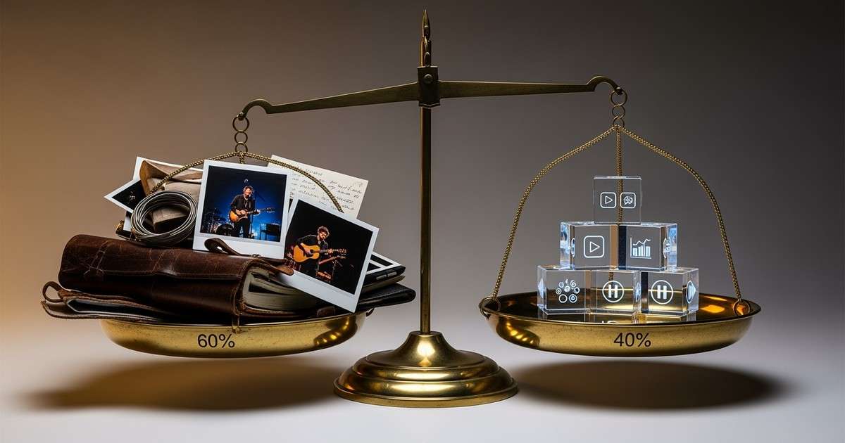 A brass balance scale in perfect equilibrium. One side holds creative items like a notebook; the other holds glowing digital