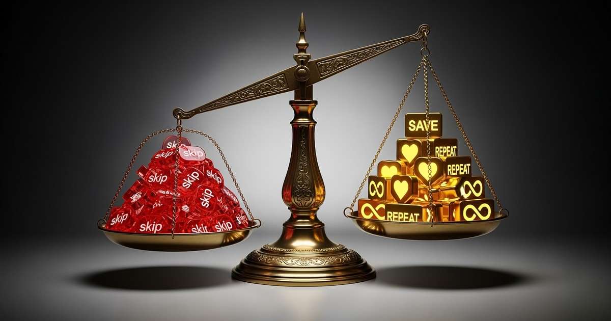 A brass balance scale tipped heavily by a small stack of golden 'save' icons, outweighing a large pile of red 'skip' icons.