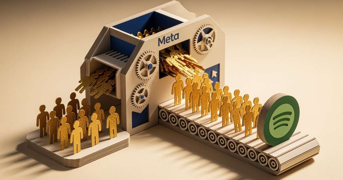 A paper craft diorama showing golden figures being multiplied in a machine and flowing into a green circle, visualizing an al