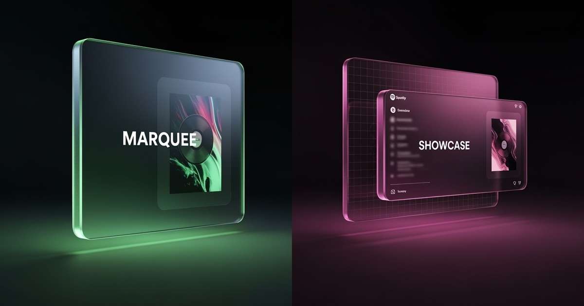 A 3D render comparing Spotify Marquee and Showcase. A large, glowing pop-up on the left versus a smaller, integrated banner o