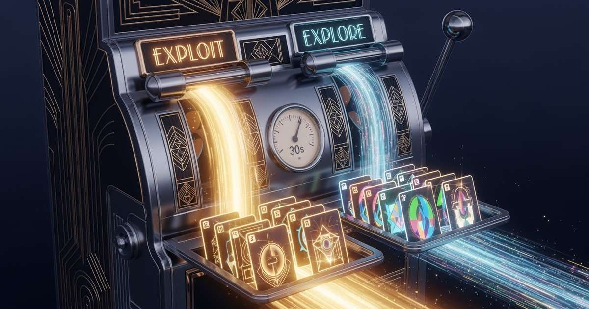 An Art Deco machine with two levers, 'Explore' and 'Exploit,' emitting streams of light that form into music recommendation c