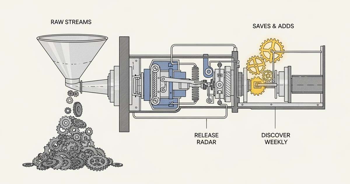 A detailed scientific illustration depicting the inner workings of the Spotify algorithm as a complex, elegant machine.