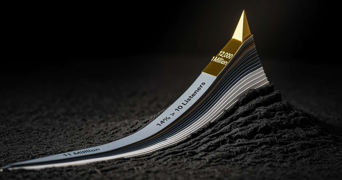 A macro photo of a topographic paper sculpture showing a wide dark base of paper layers rising to a tiny, sharp gold peak.