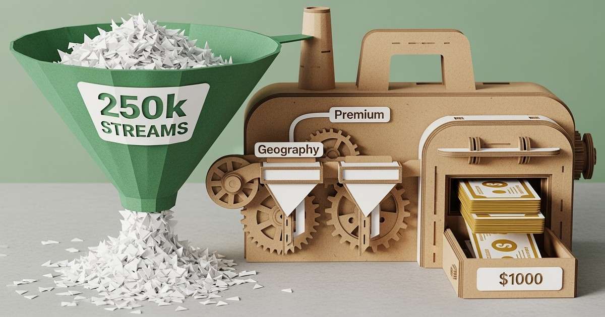A detailed paper-craft illustration showing a machine converting a massive pile of 250,000 play buttons into a small stack of $1000 bills.