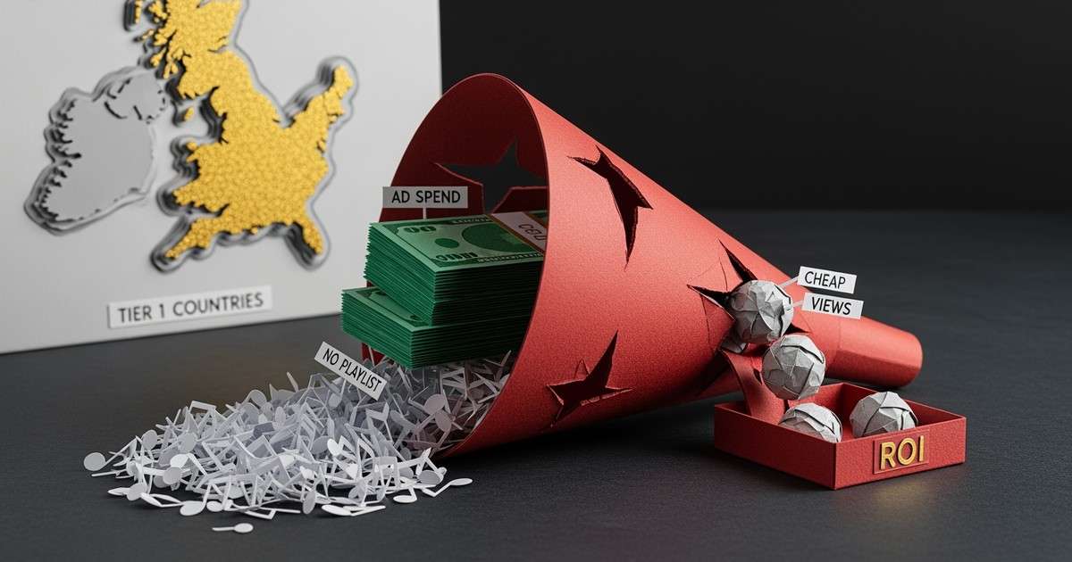 Dimensional paper-craft illustration of a leaking marketing funnel made of cardstock, with green paper money falling out of holes labeled