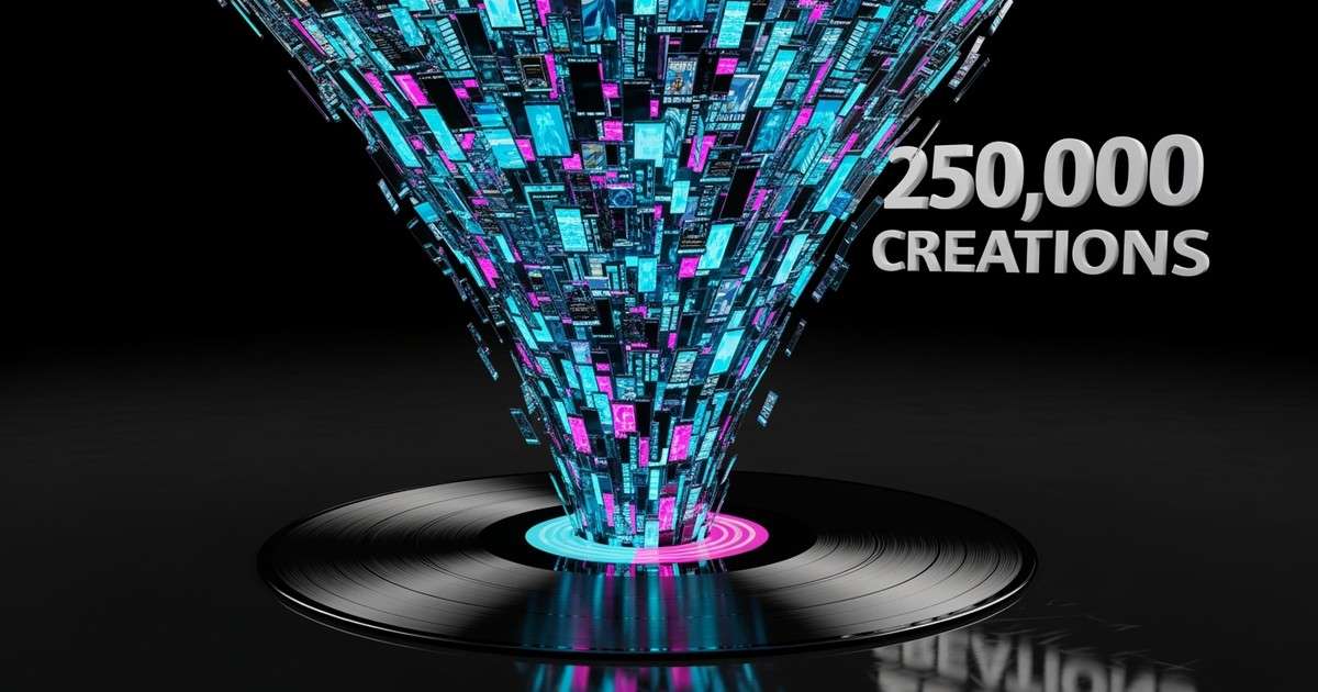 A glowing tornado of thousands of tiny neon glass screens spirals upward from a vinyl record, featuring floating text '250,000 CREATIONS'