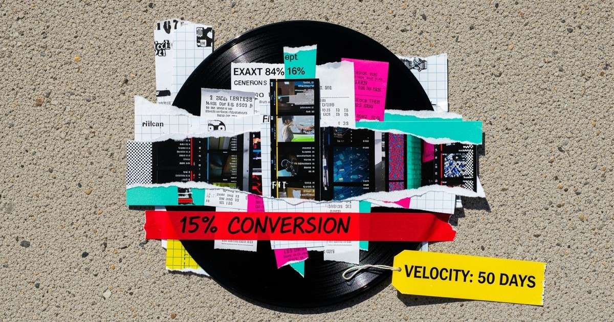 A mixed-media collage on a concrete wall showing a vinyl record mostly covered by torn digital prints and tape, representing TikTok music
