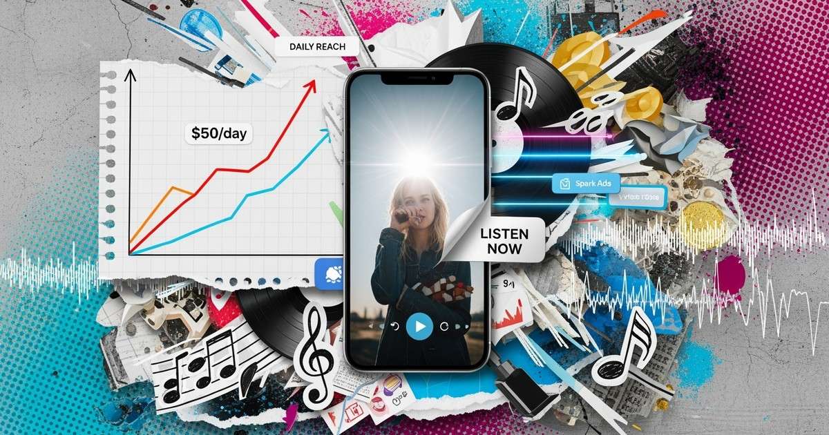 A dynamic mixed-media collage featuring a smartphone erupting with musical notes, torn graph paper, and interface icons.