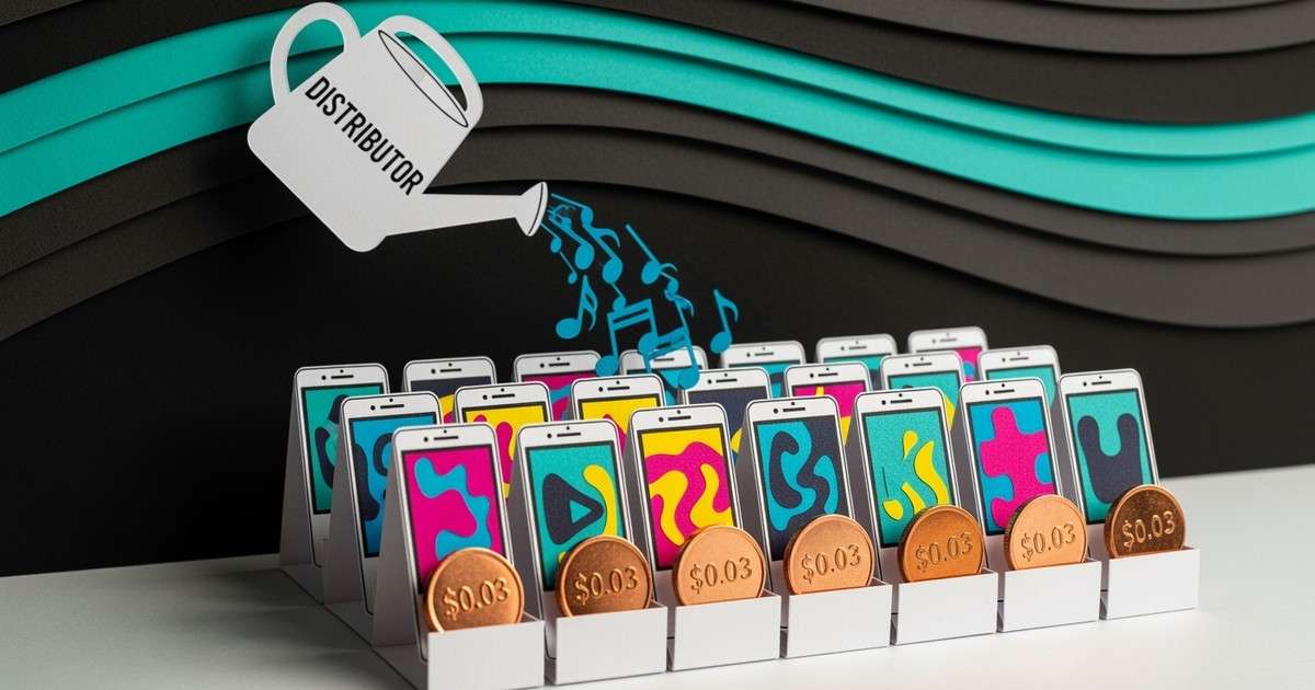 Paper craft illustration of a music royalty garden where paper smartphones bloom with $0.03 coins, watered by a distributor can.