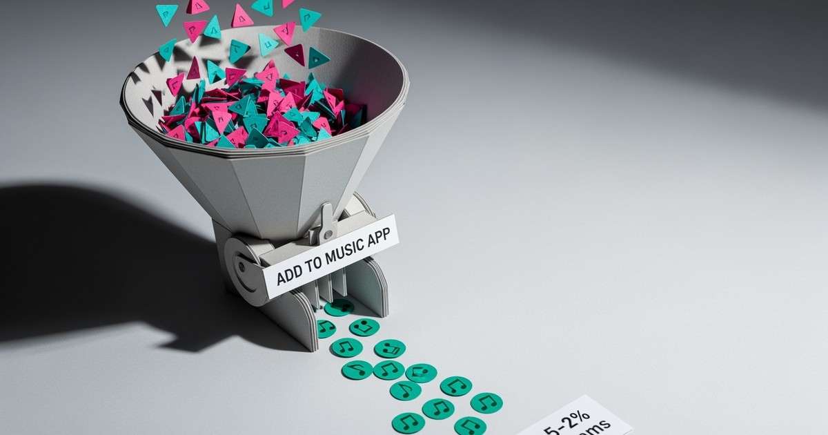 A detailed paper craft sculpture showing a funnel filtering many cyan and magenta play icons into a few green musical note tokens.