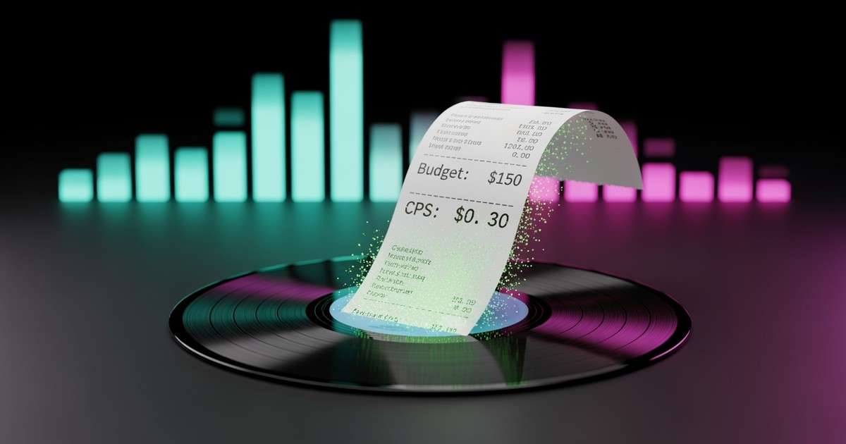 A hyper-realistic 3D render of a matte white receipt weaving through a vinyl record, displaying music marketing costs like $150 Budget and