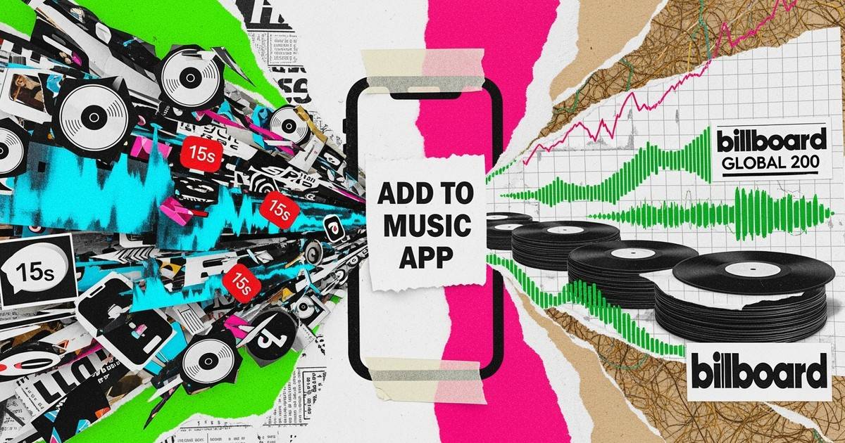 A mixed-media collage featuring a central Add to Music App button bridging chaotic TikTok interface elements and orderly vinyl records.