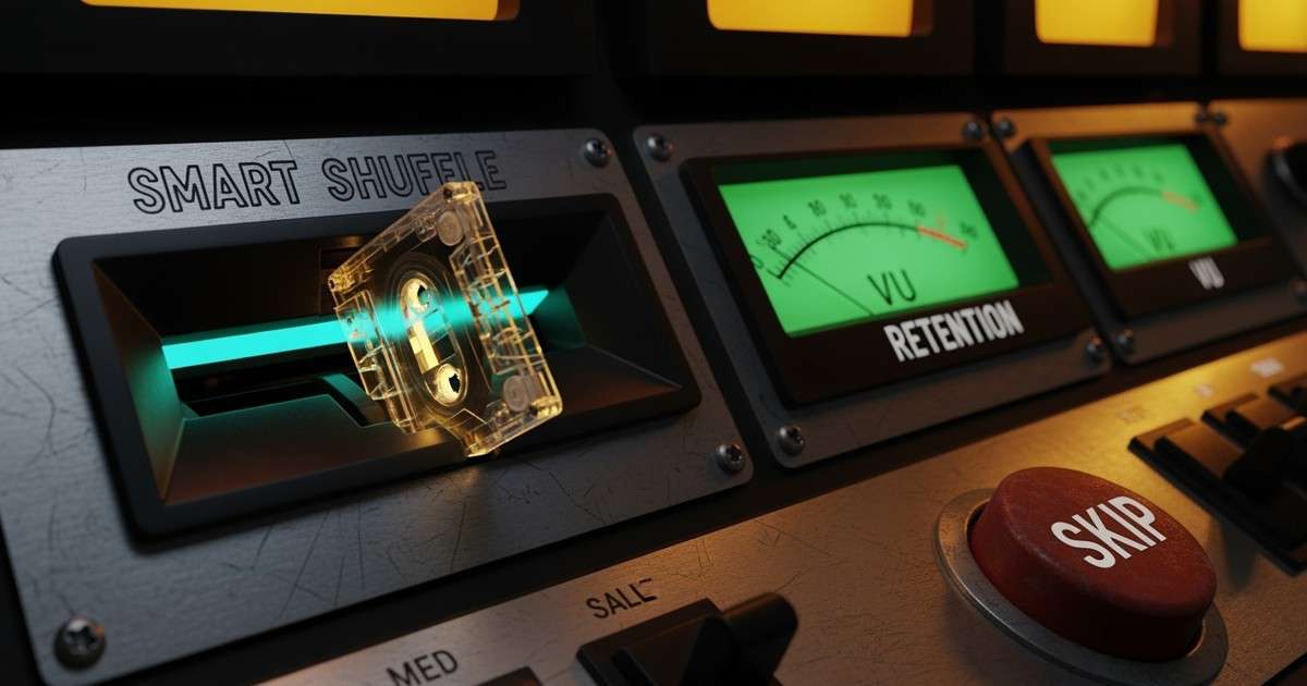 A retro-futuristic machine labeled Smart Shuffle processes a glowing cassette tape while analog gauges measure listener retention levels.