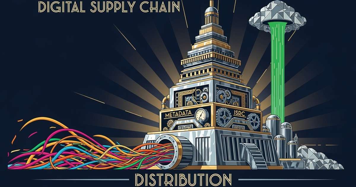 Retro-futuristic Art Deco poster showing a massive machine processing raw sound waves into a green data stream labeled Distribution.