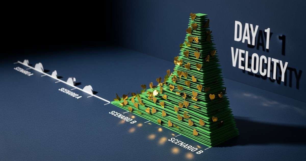 Paper craft diorama of a dramatic green graph spike rising from a flat blue timeline, representing Spotify streaming velocity.