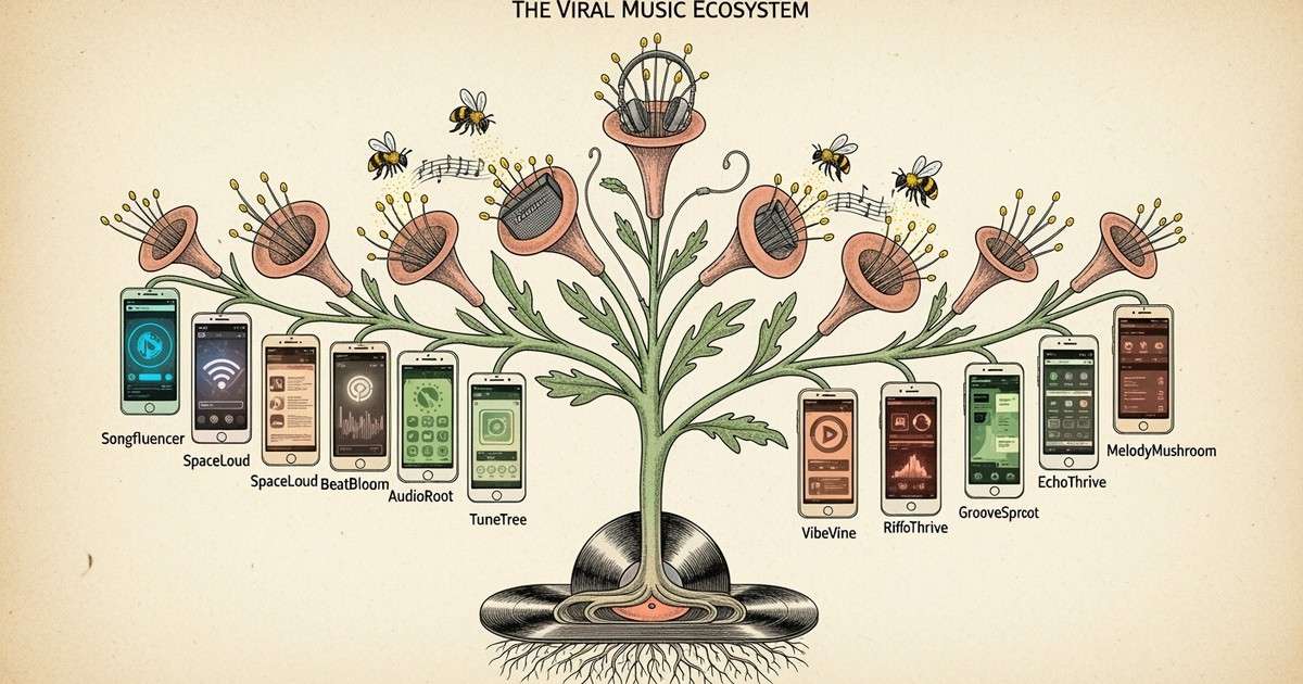 A vintage botanical illustration on aged paper shows a surreal plant with smartphone-shaped leaves and mechanical hummingbirds pollinating