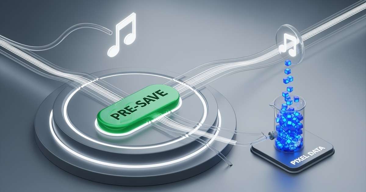 Isometric 3D render of a green music pre-save button connected to optical cables that sort glowing blue data pixels into a collection bin.