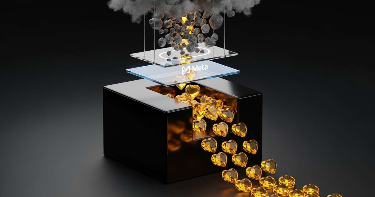 A 3D abstract render of a sleek black cube absorbing a stream of glowing golden heart-shaped crystals filtered through a glass lens, while