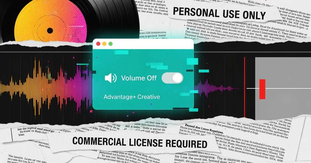 A mixed-media collage showing a vinyl record obscured by a digital 'Muted' alert, layered with legal text and a flatlined audio waveform.